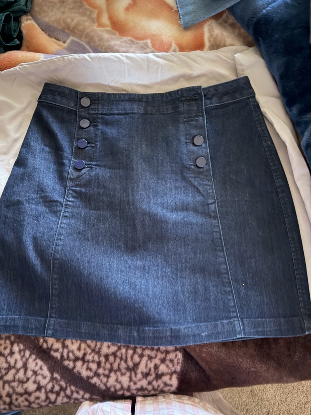 LOFT Dark Blue Denim A-Line Mini Skirt with Front Button Accents
